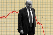 A montage of Donald Trump in front of a red fever chart heading down