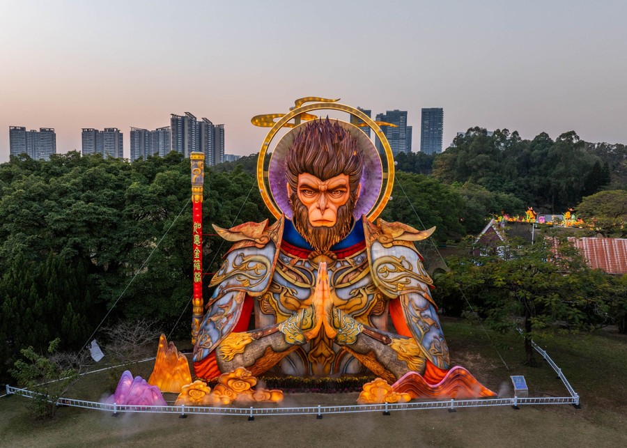 A huge colorful lantern shaped like the bust of a mythical monkey king