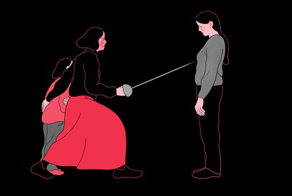 An illustration of a woman guarding a child and pointing a fencing saber at another woman