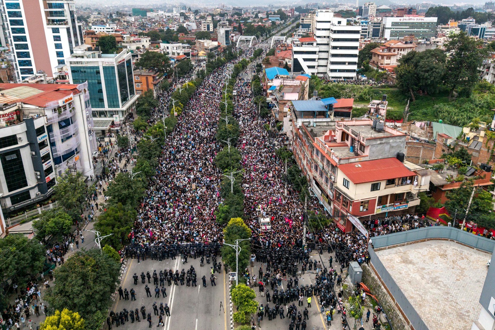 An aerial view of a large crowd of protesters filling both sides of a broad city street.