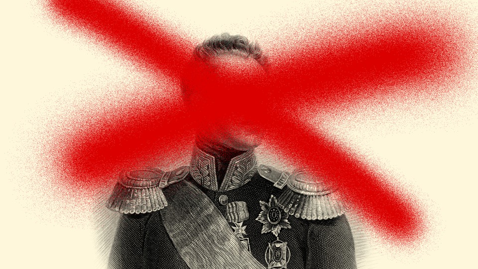 An illustration of a Russian tsar with a red 'X' spray-painted across his face