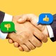 Two people in suits shaking hands. A thumbs up and thumbs down emoji are on top.