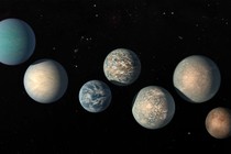 An illustration of the seven planets around a small star 40 light-years from Earth