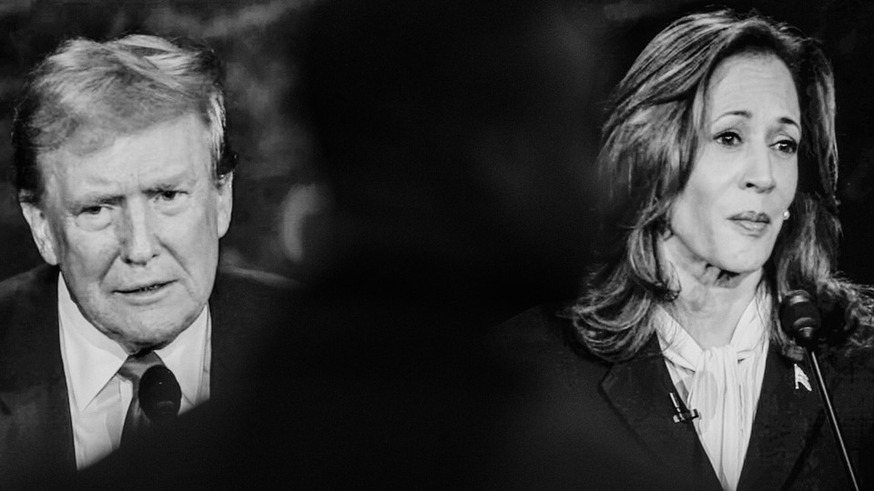 A black-and-white photomontage of Donald Trump on the left and Kamala Harris on the right.