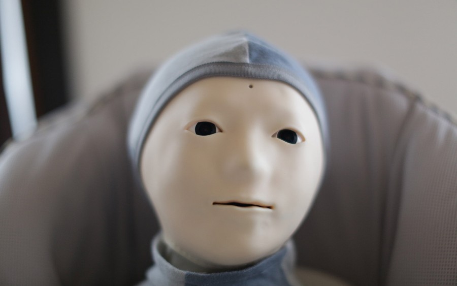 The face of the remote-controlled humanoid Telenoid at a nursing home in Natori, Japan on March 13, 2017.