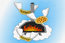 A flaming pizza oven floating in the sky with angelic pizzas surrounding