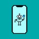 A pixelated graphic of a robot holding a globe on a cellphone screen