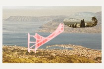 A pink sketch of a bridge is superimposed on a photo collage showing the Messina strait.