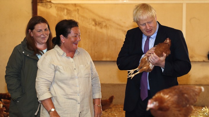 Boris Johnson holds a chicken in a barn beside two farmers.