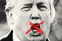 Black-and-white illustration showing Trump speaking, with a red X drawn across his mouth