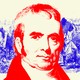 A red-hued portrait of John Marshall laid over a blue-hued illustration of slaves working in a field