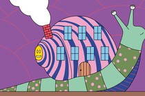 Illustration of a snail whose shell has windows, a door, and a smoking chimney