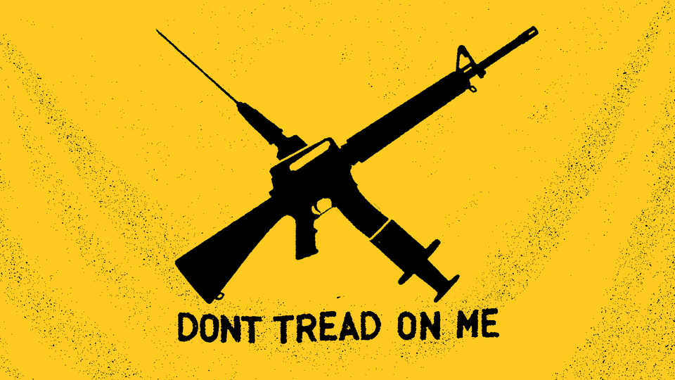 An illustration of a vaccine needle, a gun, and the slogan "Don't tread on me"