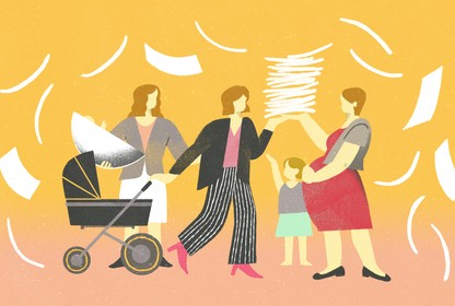 group of women with a baby carriage and a stack of paper