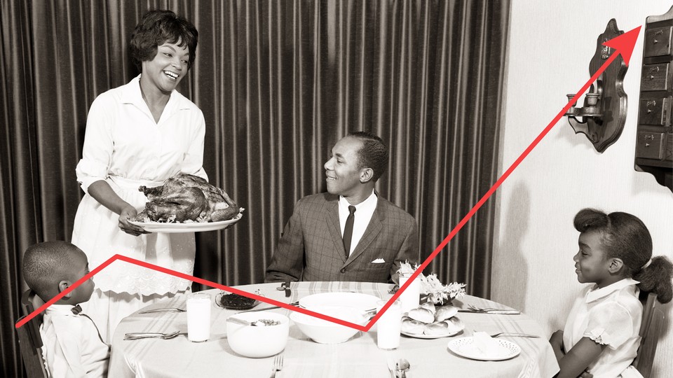 A family sits down to Thanksgiving dinner, while a red graph line dips and then shoots up.