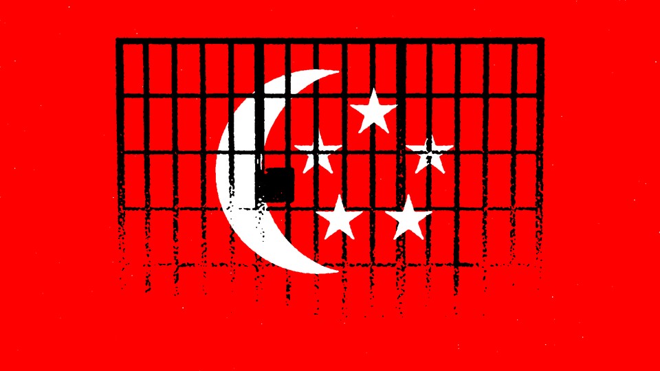 An illustration involving the flag of Singapore behind prison bars