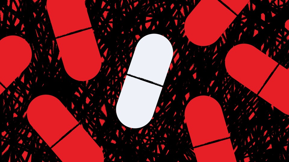 Illustration of red and white pills against a black and red background