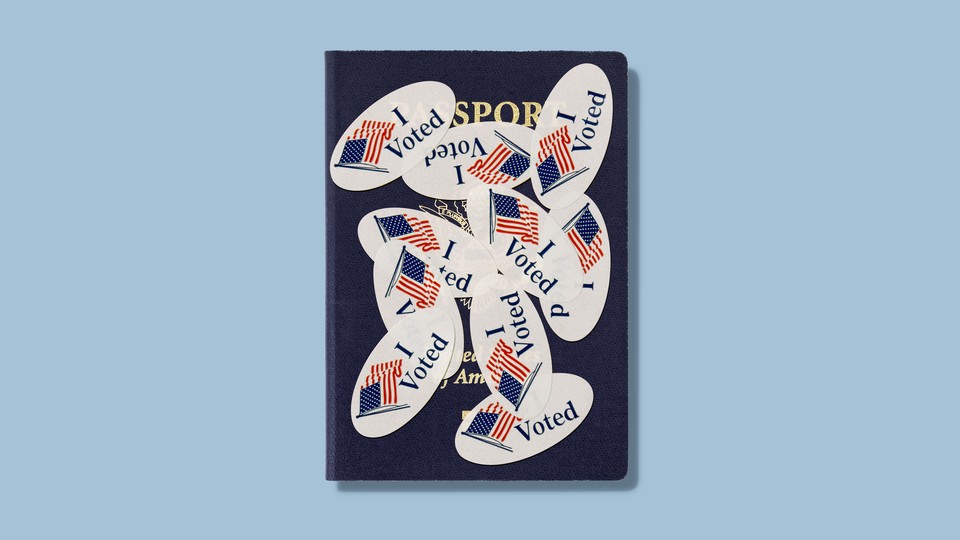 A passport covered with "I Voted" stickers