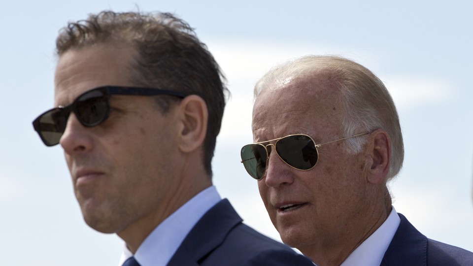 A closeup of Hunter Biden standing with his father, Joe Biden.
