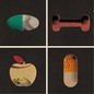 Illustrations of weight, pills, apple, juice, scale