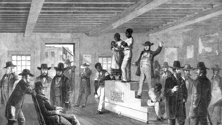 An engraving of a slave auction in Charleston, South Carolina