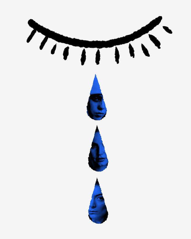 An image of an eye crying tears with the faces of Billie Eilish, Lana Del Rey, and Lorde visible in each drop
