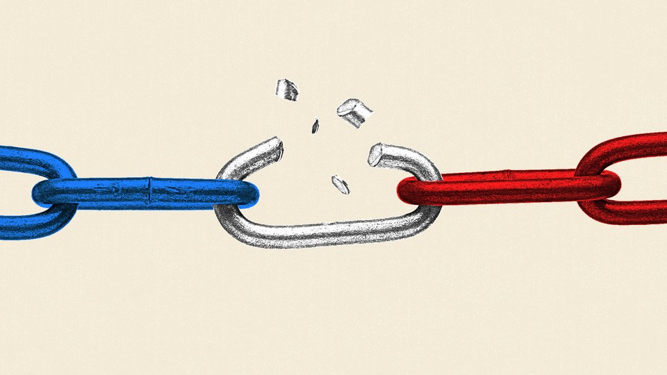An illustration of red and blue chains with a silver link breaking between them