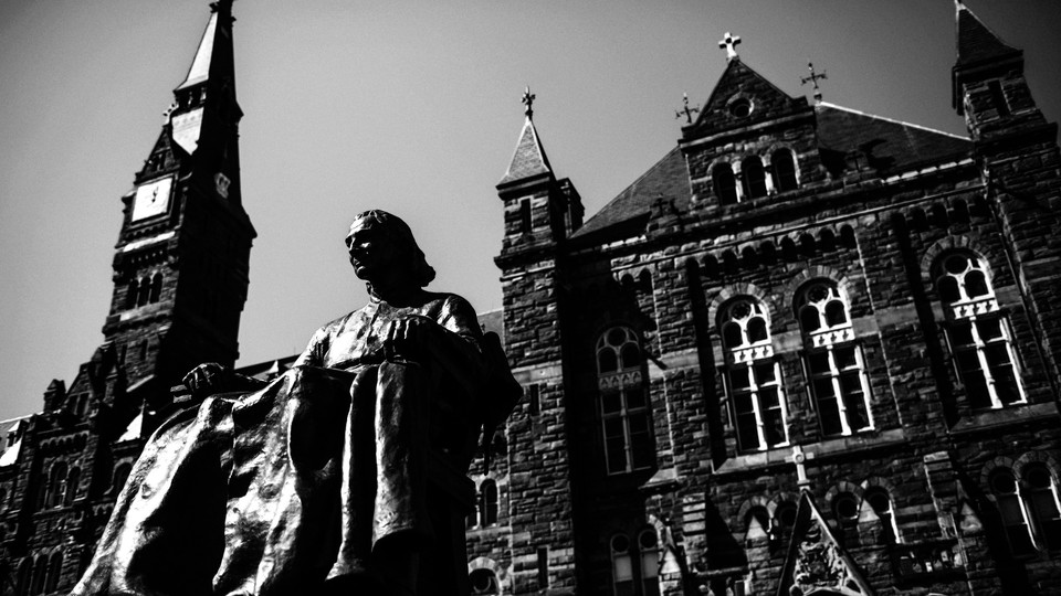 A black-and-white photo of Georgetown’s campus