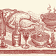 illustration in style of engraving of long table laden with turkey, pie, dishes, goblets, bottles of madeira and port, candles