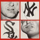 Grid of close-up black-and-white square photos of baseball players chewing and blowing bubbles, on a red background