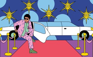 An illustration in which a person in a colorful suit exits a limousine onto a red carpet, with frowny-faced camera flashes in the background