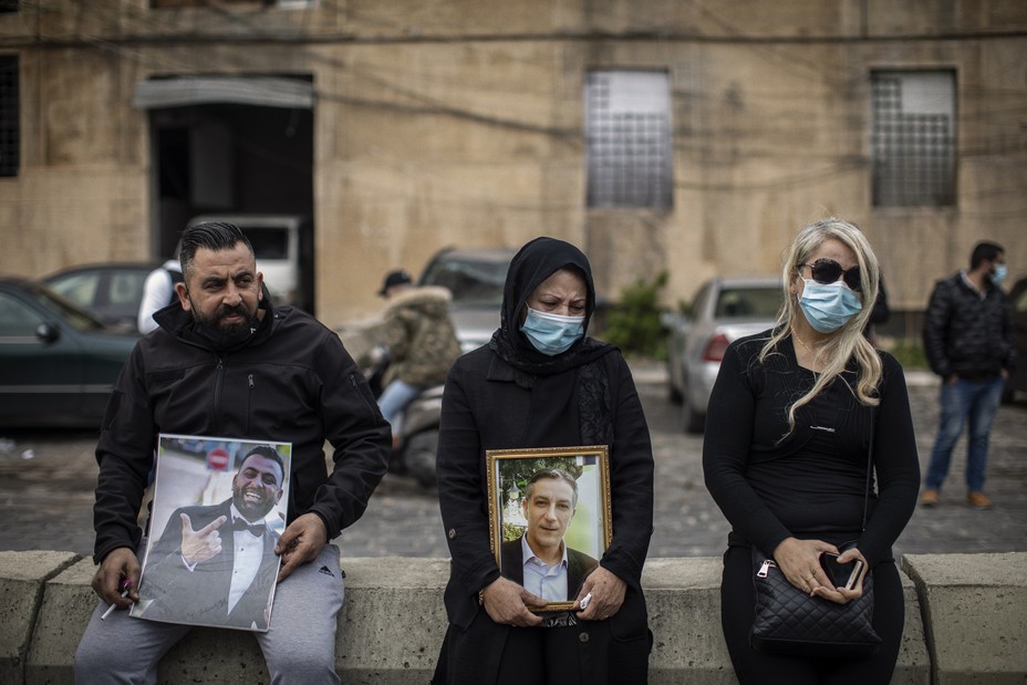 Family members of Beirut port-blast victims demand the truth as they mourn six months on from the devastating explosion, on February 4, 2021, in Beirut, Lebanon. 