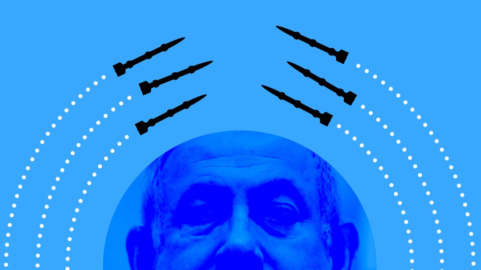 An image of Netanyahu with rockets above his head