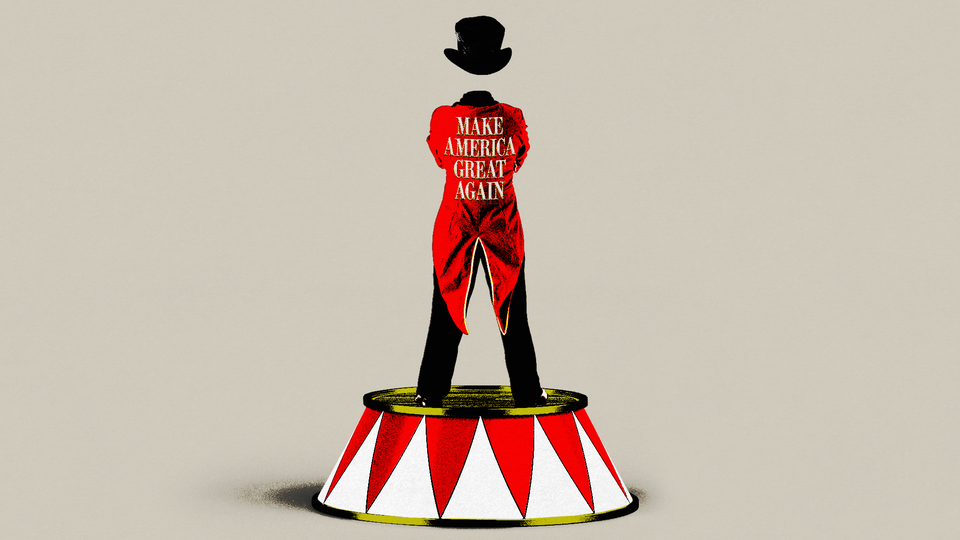 The back of a circus-style ringleader with a red jacket that says "Make America Great Again"