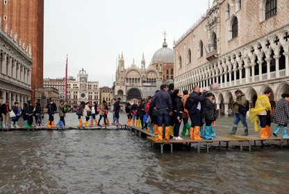 Catwalks erected in Saint Mark Square during Venice's October 2018 flood