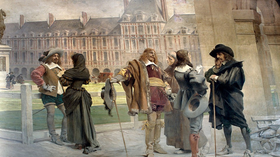 A painting by Francois Flameng of Pascal and Desargues sharing to Descartes their experiments