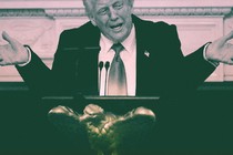 Donald Trump throws up his arms in front of a podium