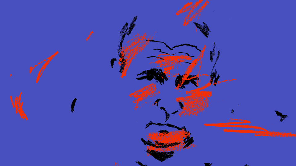 Stylized image of Vladimir Putin with red scribbles
