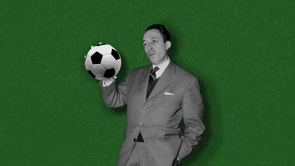 Illustration of Albert Camus holding a soccer ball