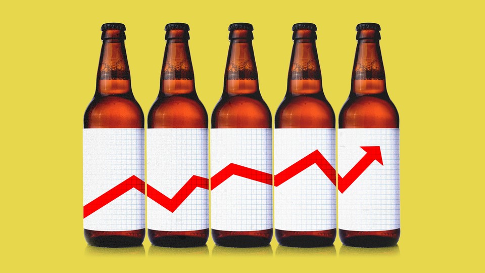 An illustration of beer bottles with an upwards chart as their label.