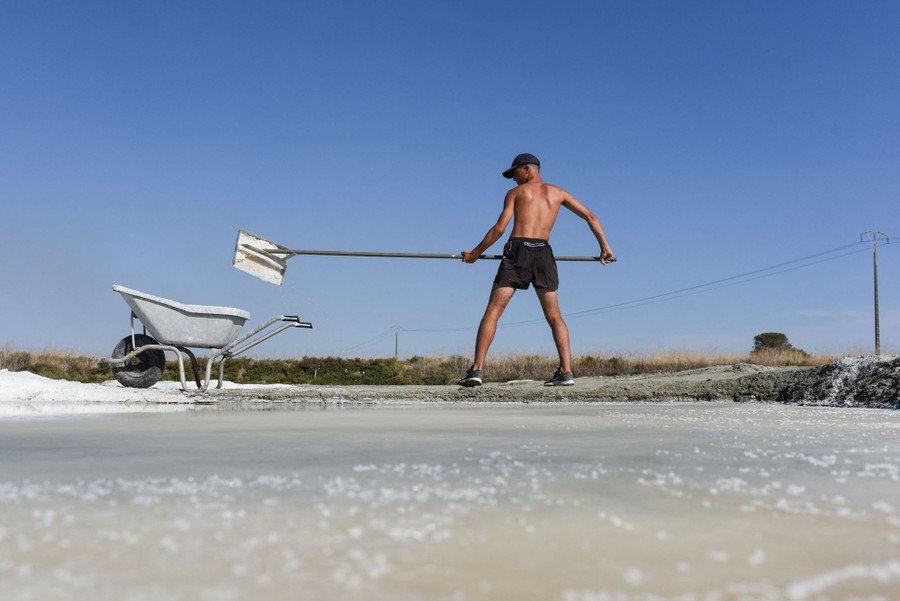 A person uses a tool with a long handle to scoop salt into a wheelbarrow.