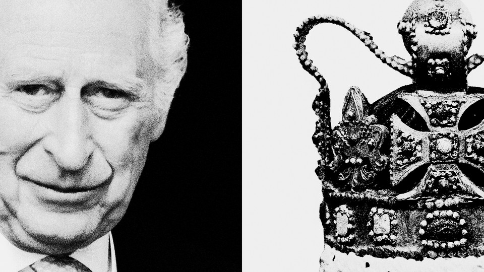 black-and-white photos of King Charles and the crown