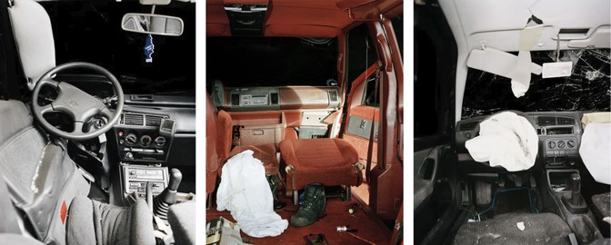 3 interiors of wrecked cars