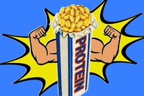 An image of a protein bar with muscles coming out of it.