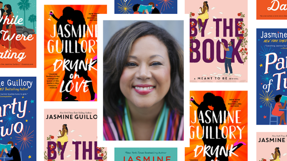 photo of the author Jasmine Guillory centered amid tiled image featuring four of her book covers: Drunk on Love, By the Book,