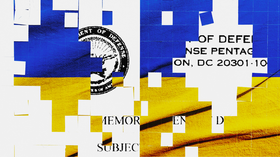 illustration of Ukrainian flag with collage elements of Pentagon papers.