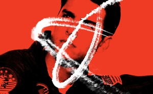 A photograph of Tom Cruise on a red background overlaid with an illustration of a plane's condensation trail