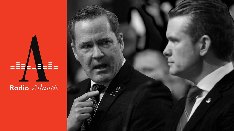 A black-and-white of Michael Waltz and Pete Hegseth next to the "Radio Atlantic" logo against a red background