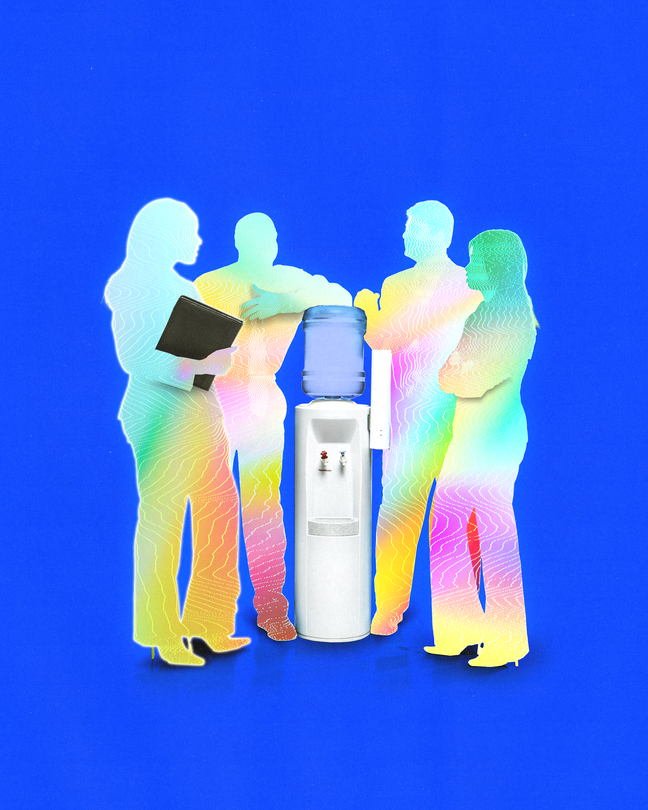 An illustration of office workers' multicolored abstract silhouettes chatting around a water cooler against a blue background.