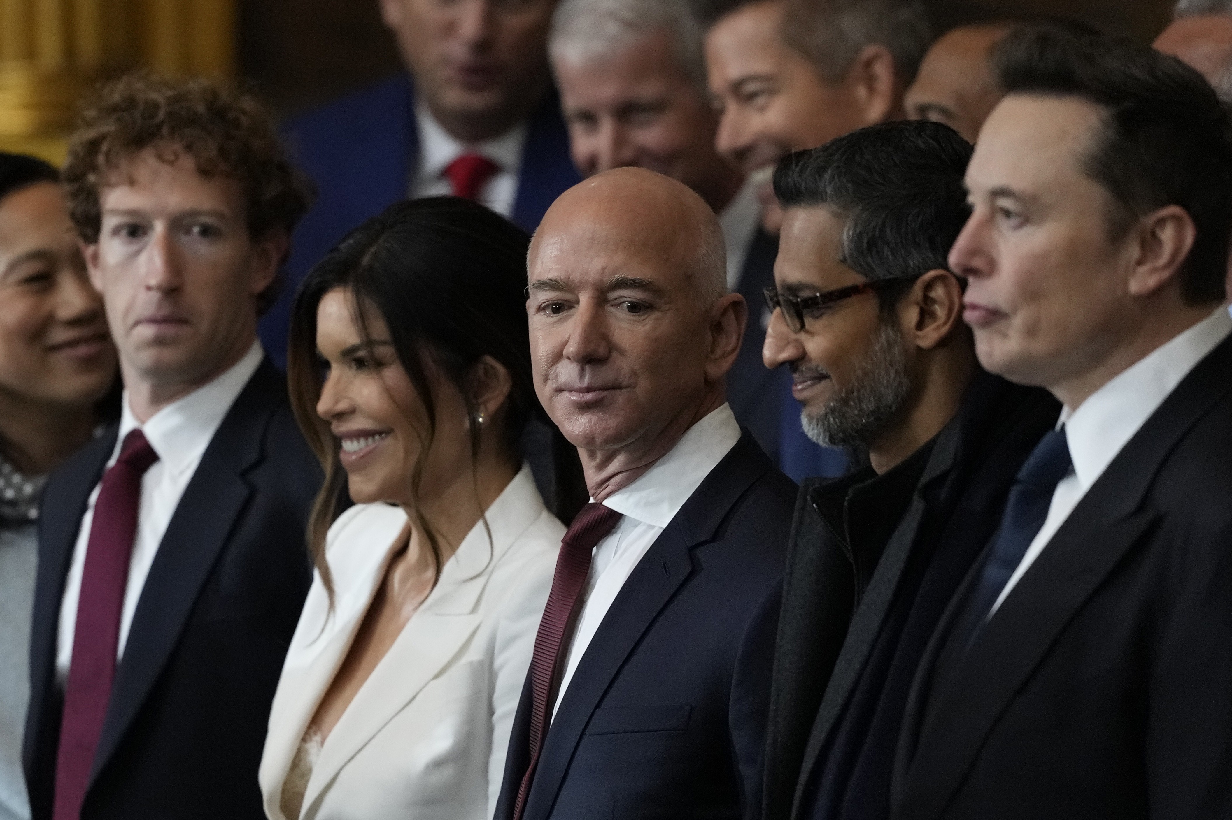 From left: Mark Zuckerberg, Lauren Sánchez, Jeff Bezos, Sundar Pichai, and Elon Musk